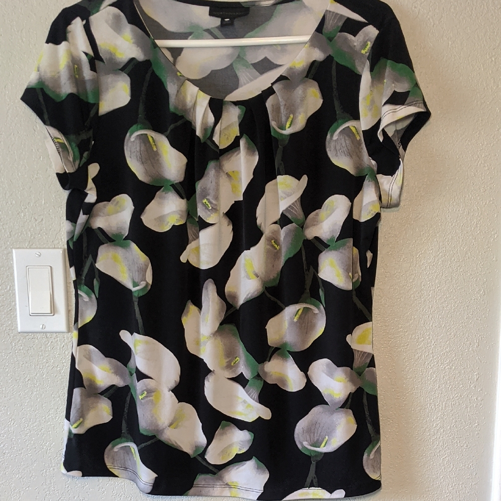 Stretch Black Floral Blouse XL Petite Black Gathered Flowy Cottage Whimsigoth